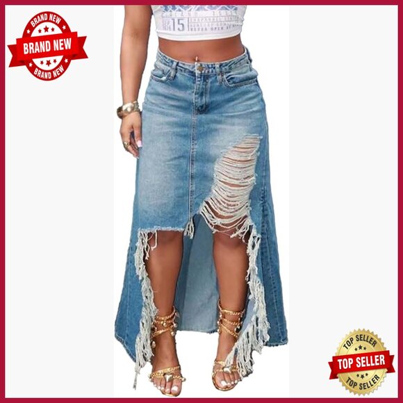 Dresses & Skirts - High Waisted Midi Denim Skirt with Slit Frayed Distressed Fringe